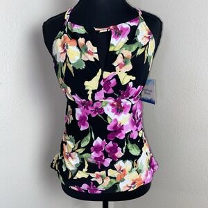 New American Beach Tankini Bathing Suit Top Women's 8 Black Floral Padded Halter